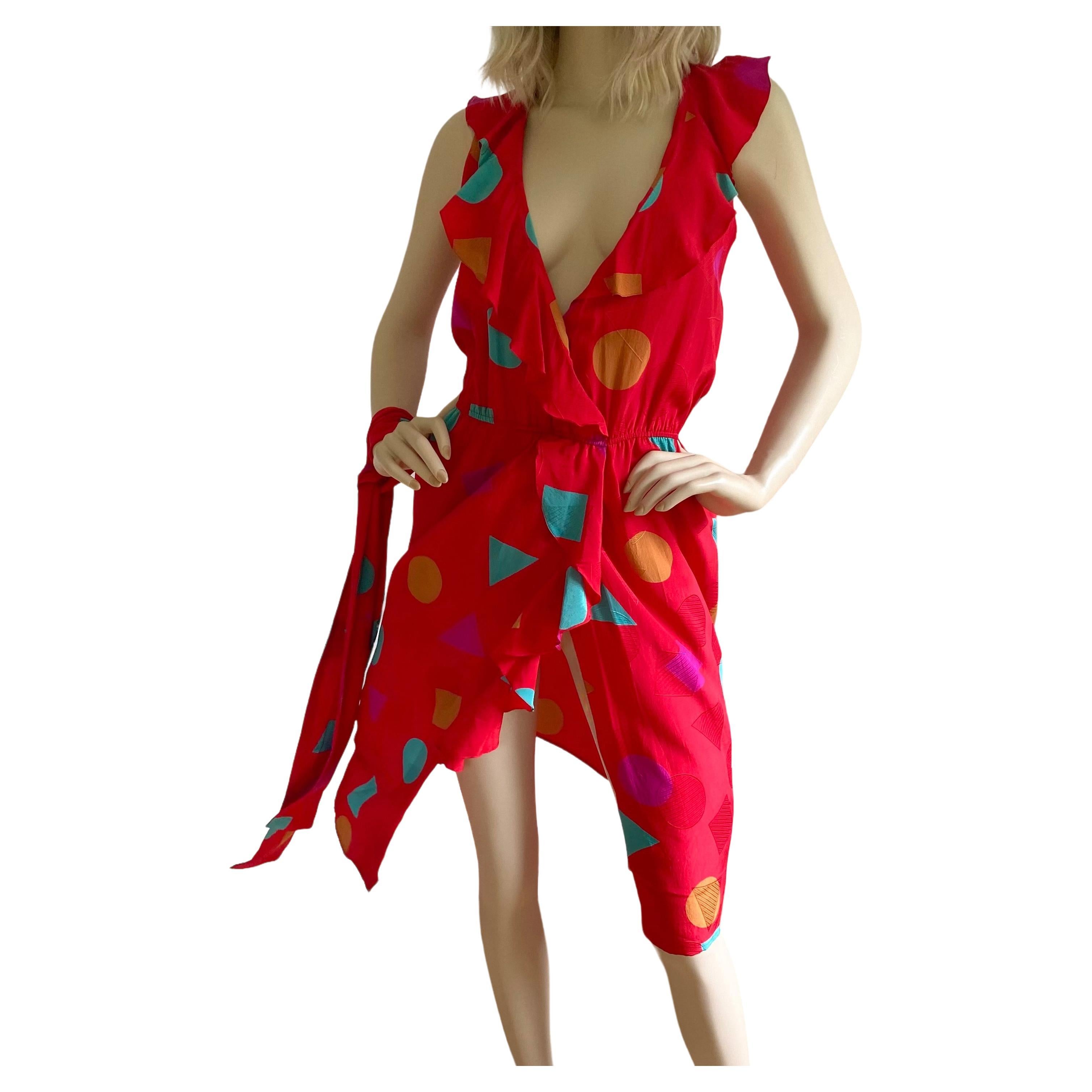 Flora Kung Red Silk Print Wrap Dress - NWT  For Sale