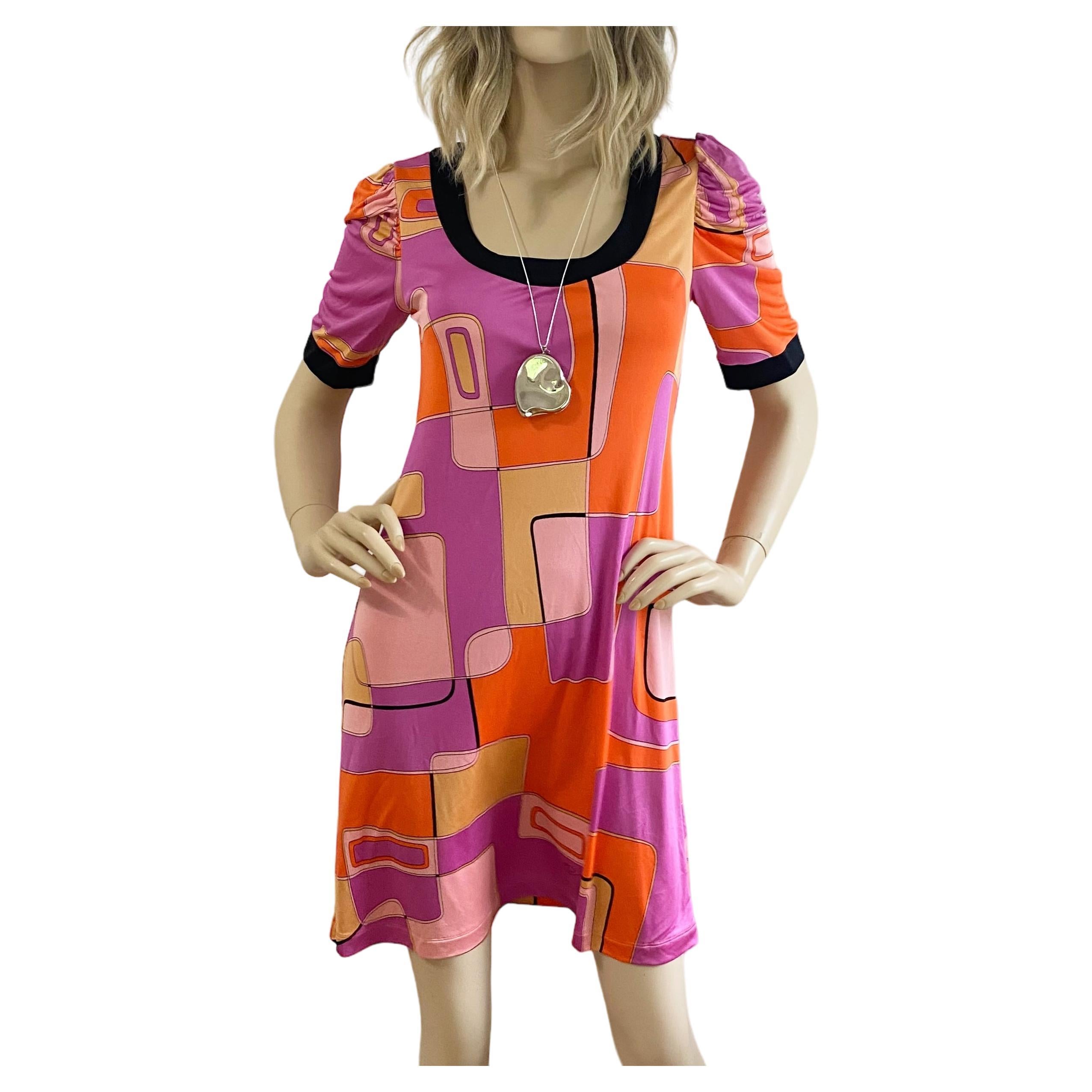 Puff Sleeve Silk Jersey Shift in Orange Pink Print - Flora Kung NWT For Sale