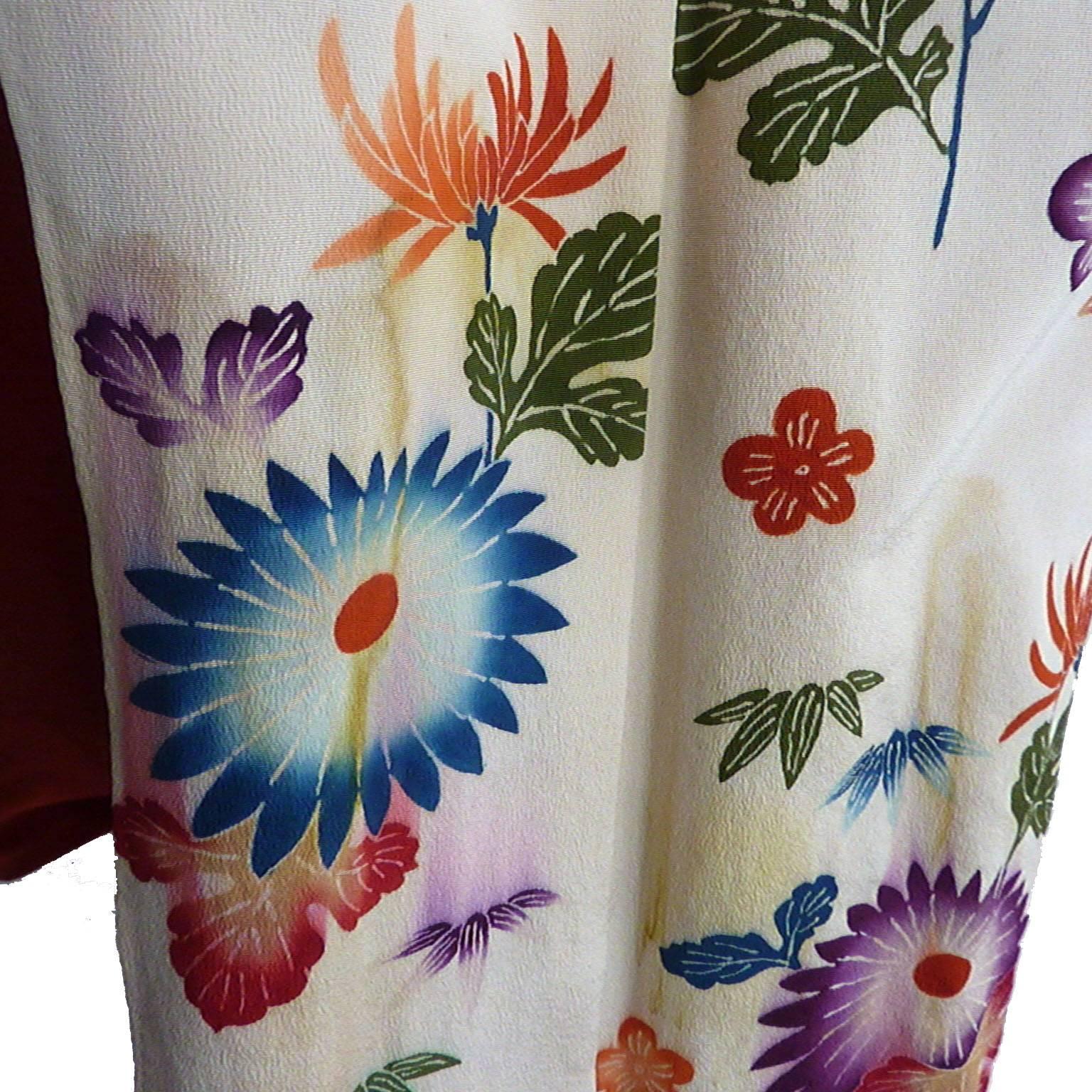 Beige Antique Hand-Painted Japanese Ecru Furisode Silk Kimono 