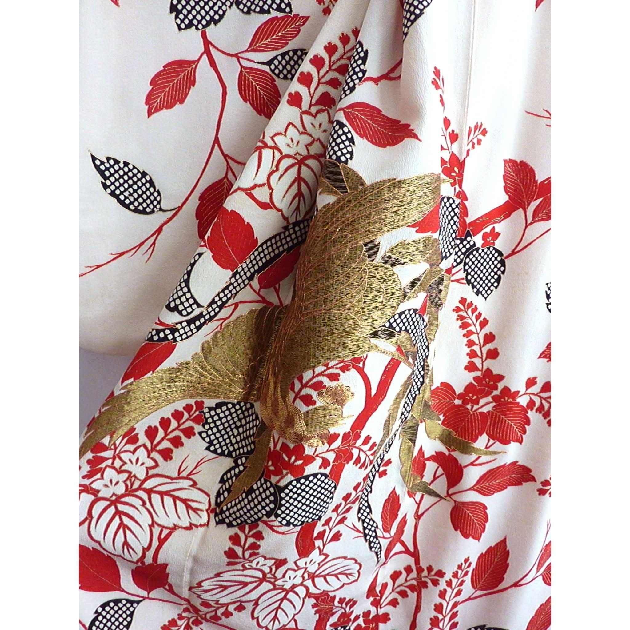 Women's Gold Phoenix Embroidered Japanese Brocade Fancy Silk Kimono 