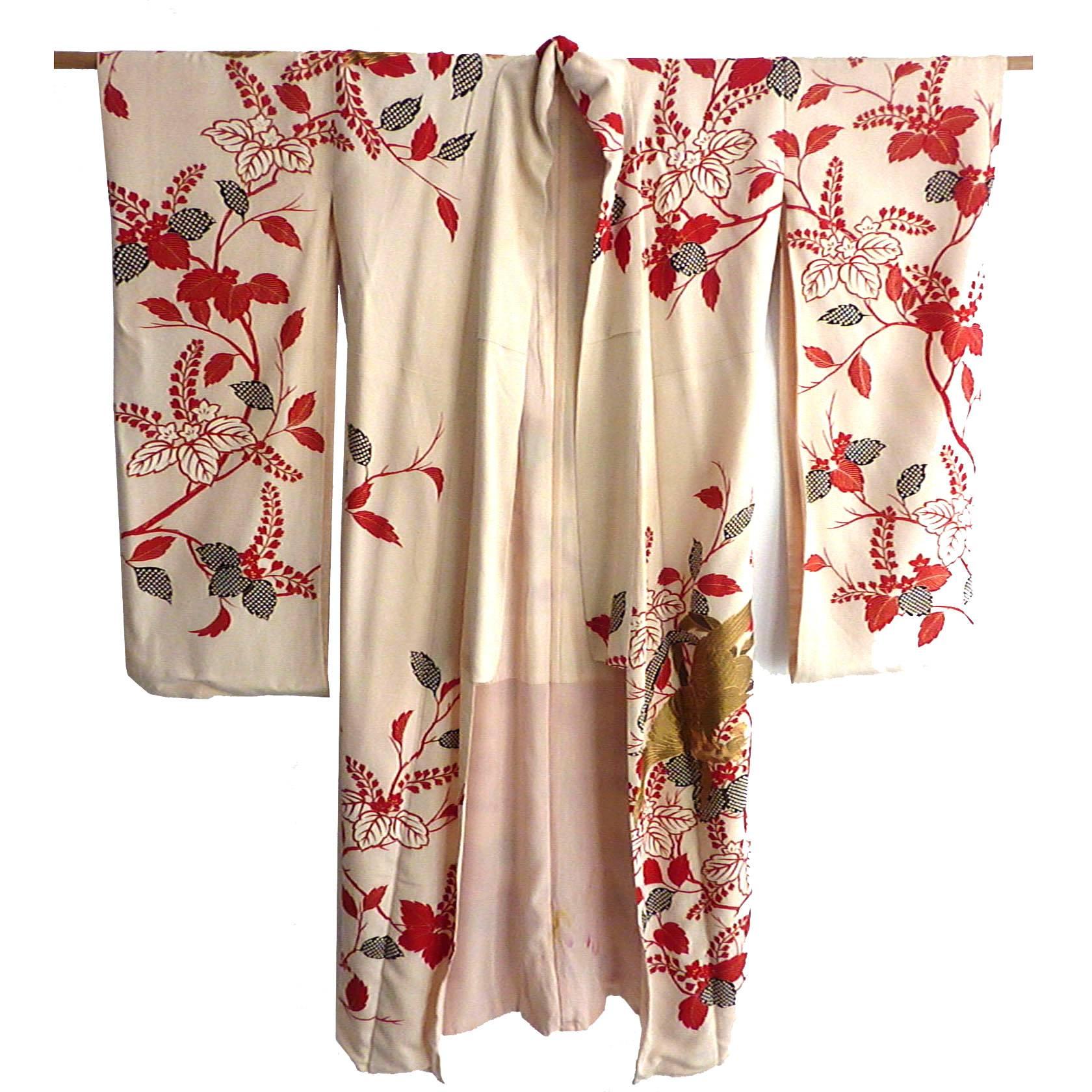 Gold Phoenix Embroidered Japanese Brocade Fancy Silk Kimono 
