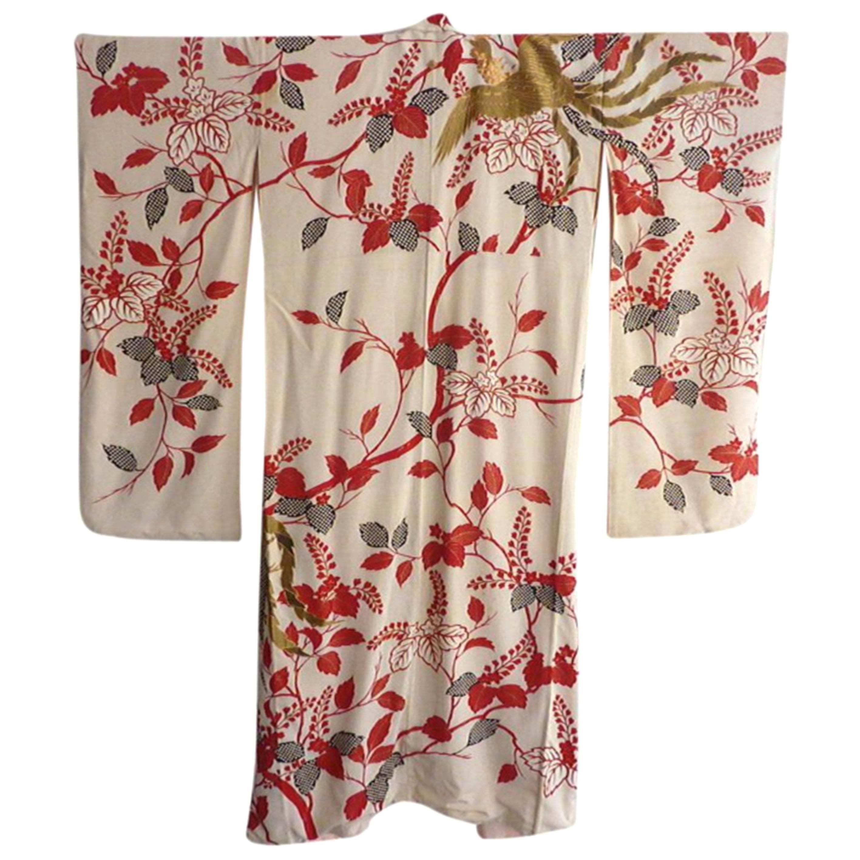 Gold Phoenix Embroidered Japanese Brocade Fancy Silk Kimono  1