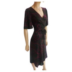 Vintage FLORA KUNG Blackberry Ribbon Print Silk Jersey Wrap Dress - NWT