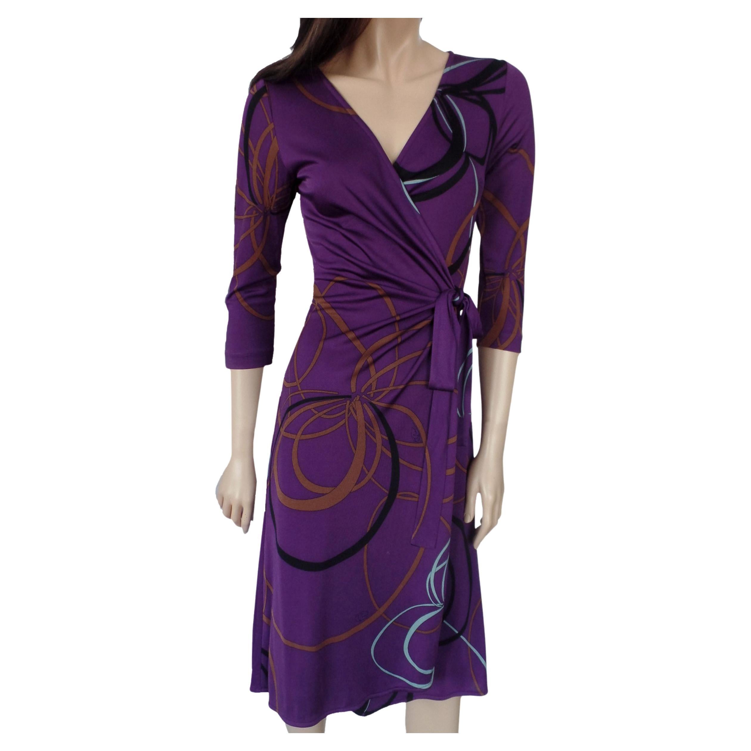 Flora Kung NWT Purple Plum Ribbon Print Wrap Silk Dress  For Sale