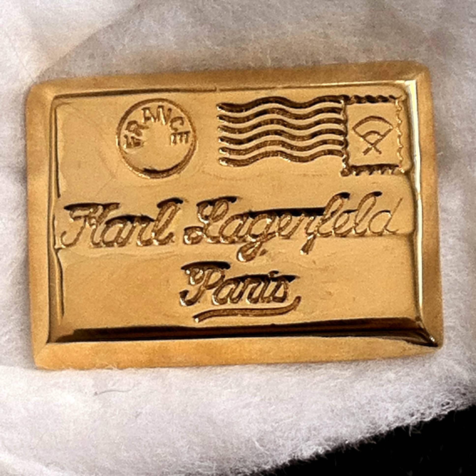 Karl Lagerfeld Postcard from Paris KL Gold Earrings Pin Brooch 3-Pc Set  In Good Condition In Boston, MA