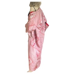 Japanischer roter Pfirsichfarbener Seidenbrokat-Sakura Kimono - Vintage