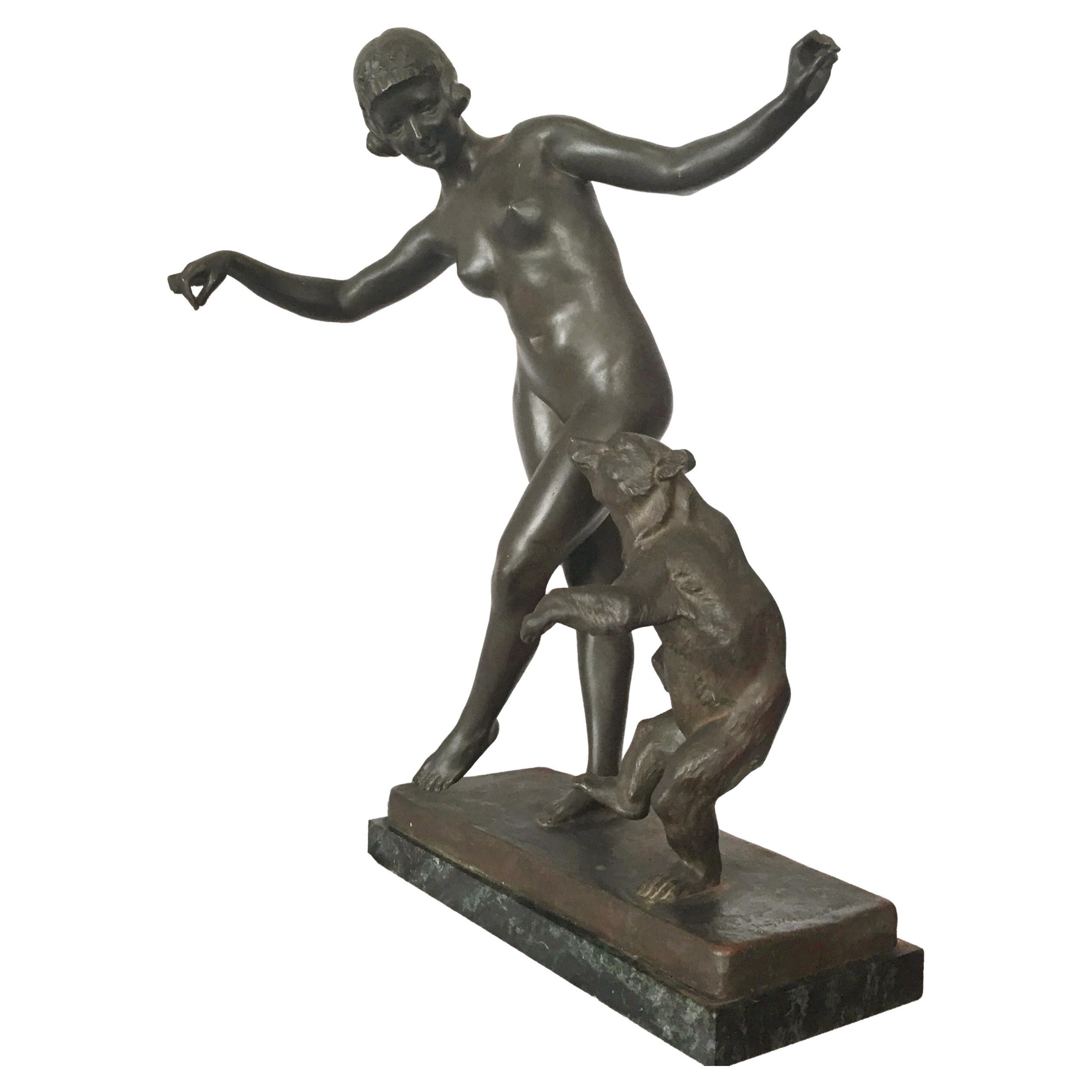 1920s  Jean Verschneider Large French Bronze Sculpture DANCER WITH BEAR CUB Rare