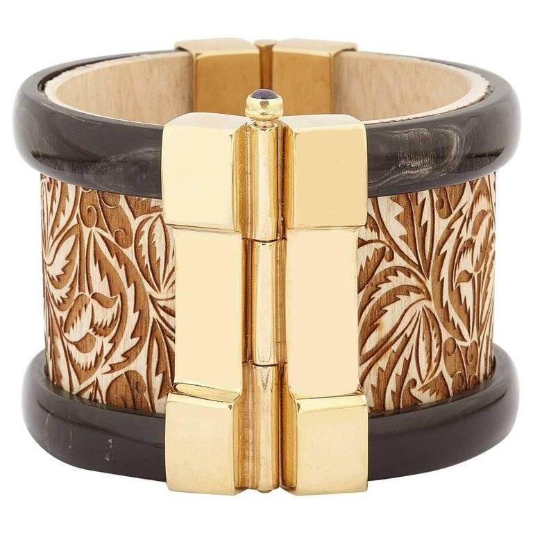 Fouché Art Deco Cuff Bracelet Gold Horn Sapphire Emerald Wood Cuff For Sale