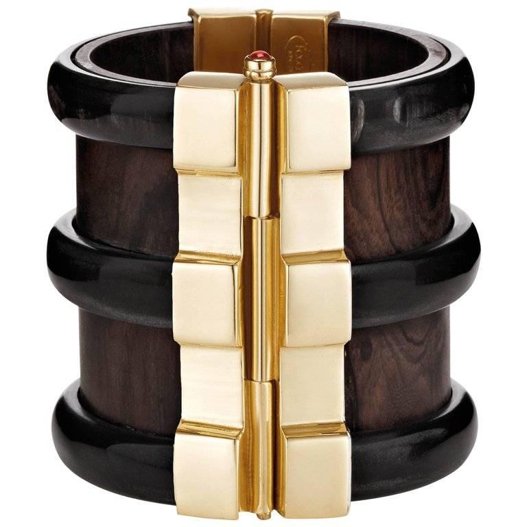 Fouche Art Deco Cuff Bracelet Gold Bespoke Horn Wood Emerald Ruby  For Sale