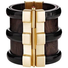 Fouche Art Deco Cuff Bracelet Gold Bespoke Horn Wood Emerald Ruby 