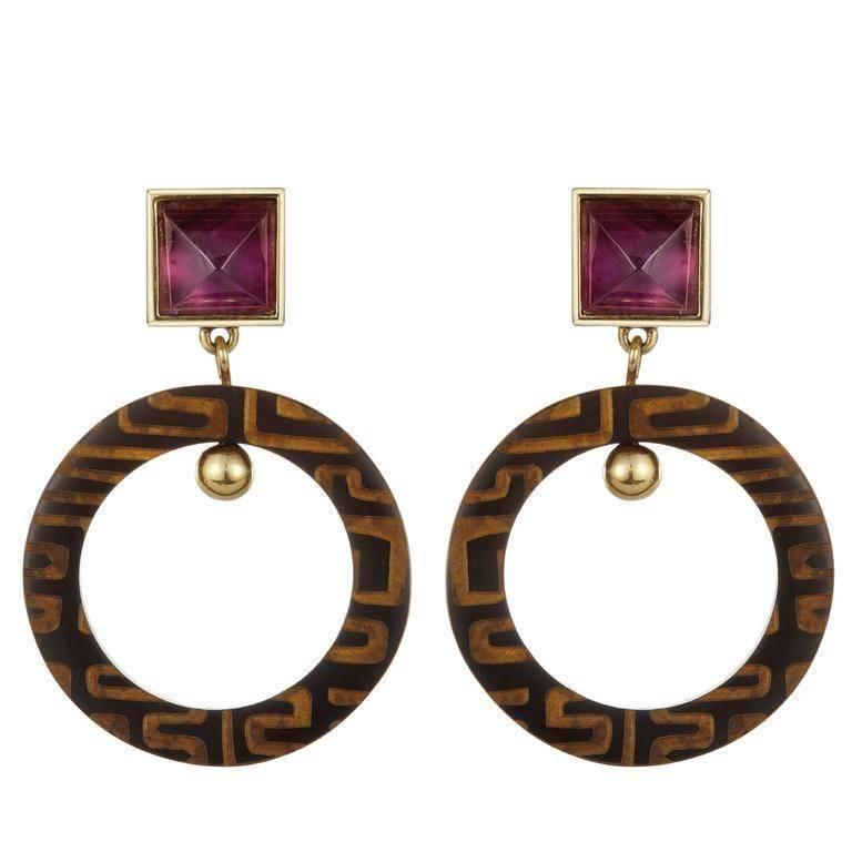 Fouche Art Deco Horn Amethyst Africa Engraved Earrings For Sale