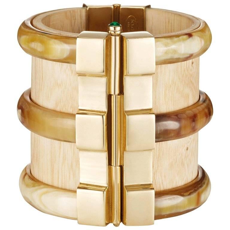 Fouche Bespoke Gold Diana Vreeland Horn Wood Emerald Ruby Cuff Bracelet  For Sale