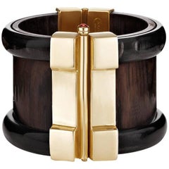 Fouché Gold Bespoke Horn Wood Rubin Smaragd Opal Manschettenarmband 