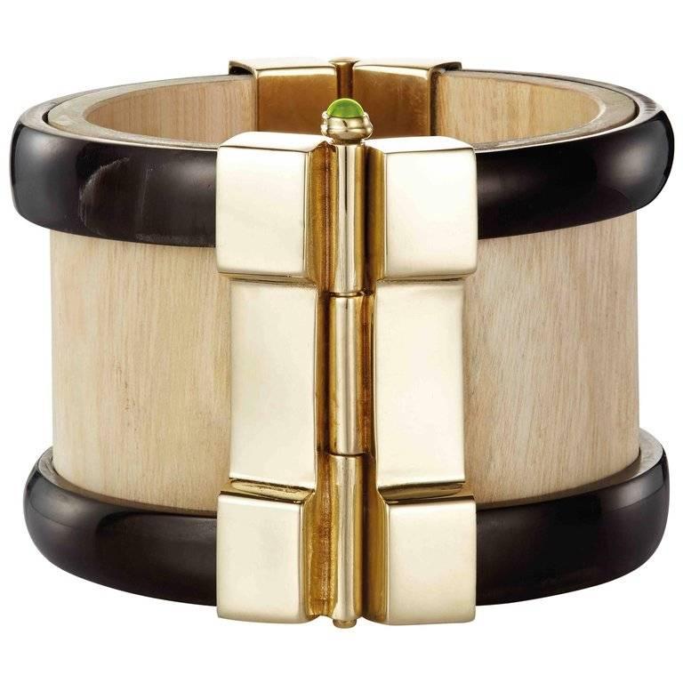 Fouche Art Deco Cuff Bracelet Gold Bespoke Horn Wood Emerald Sapphire Ruby For Sale