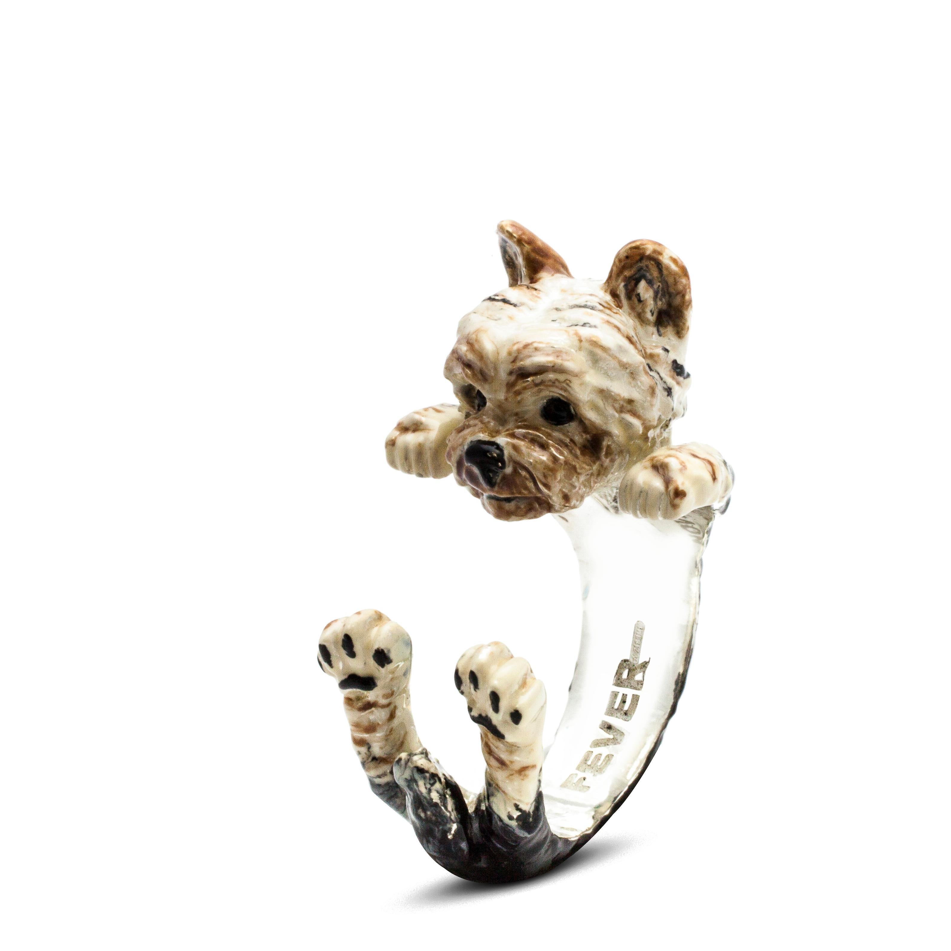 Sterling Silver and Enamel Yorkshire Terrier Hug Ring from Dog Fever Milano.  This ring is sized 6.5 and additional Rings can ordered in additional sizes.  