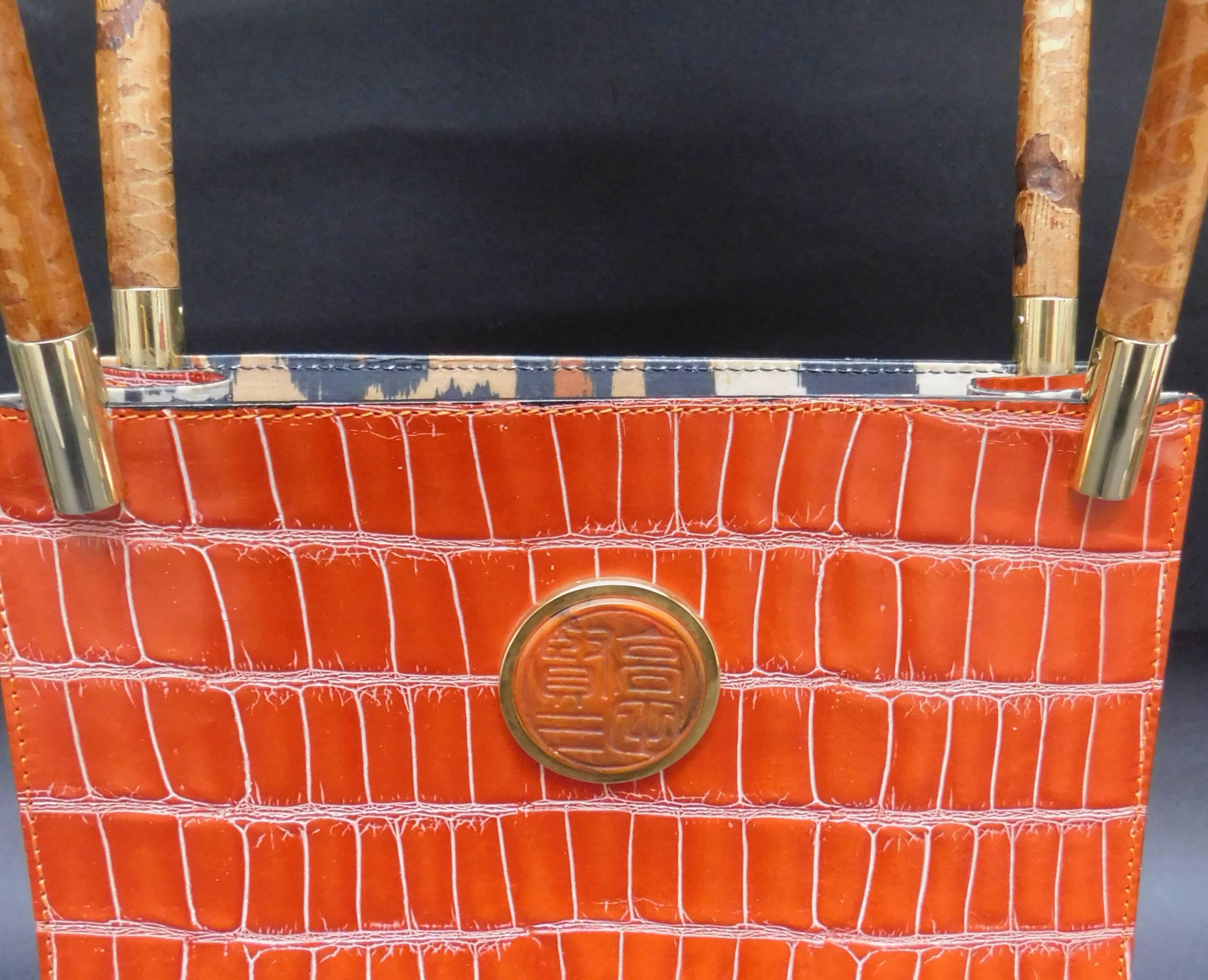 Women's Kenzo Orange Embossed Leather Handbag with Bamboo Handles, 1980s 