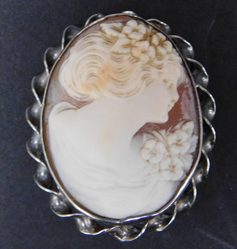 Antique Italian Sterling Silver and Hand Carved Cameo Shell Brooch For