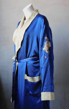 Vintage Blue and Gold Silk Robe with Dragon Embroidery