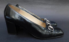 Black Vintage Gucci Cap Toe Pumps with Silver Horse Bit