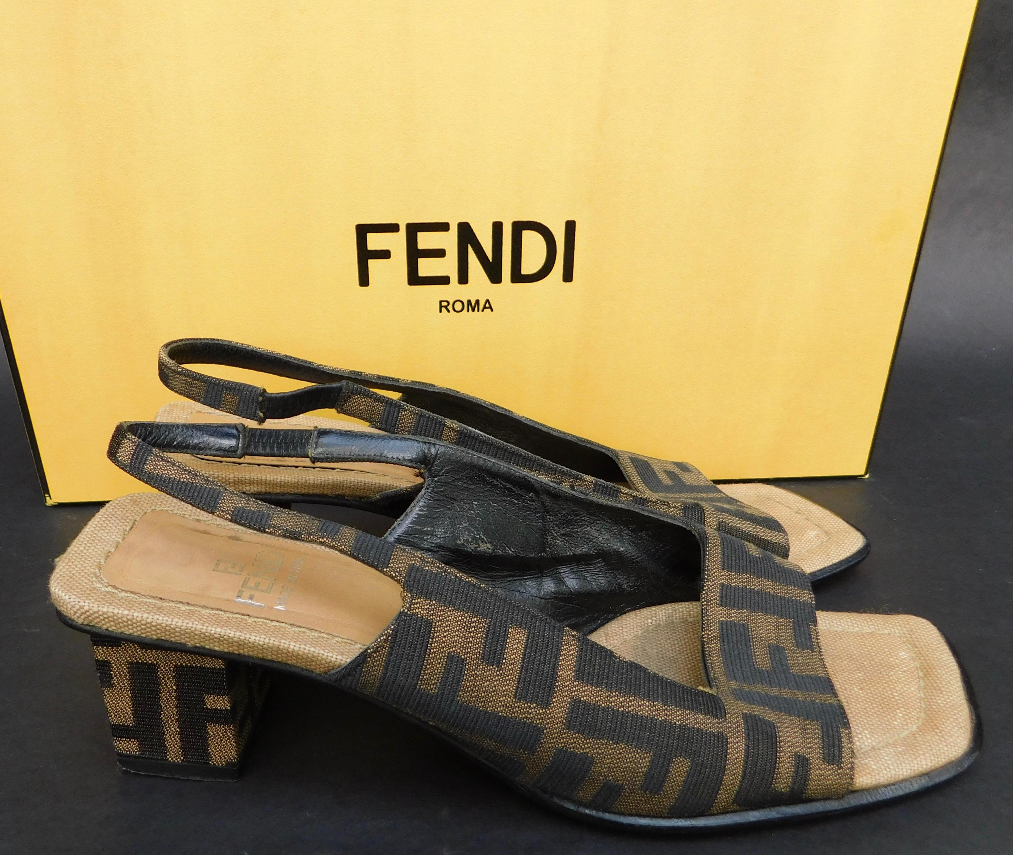 Vintage Fendi Zucca logo slingback block heel sandals. Printed logo canvas exterior lined in brown leather. Covered box heel 6cm (2-3/4