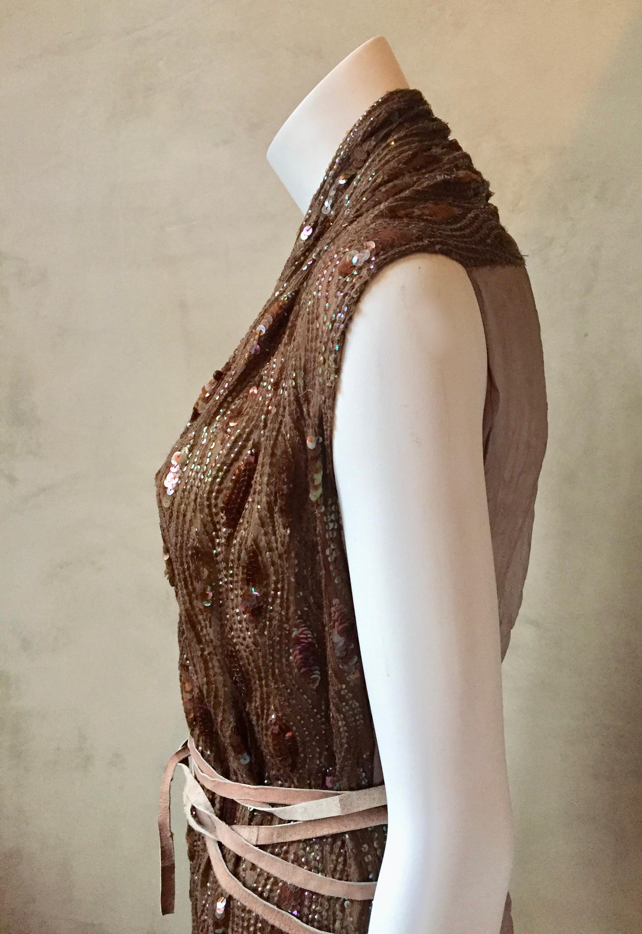 Ann Demeulemeester Asymmetrical Brown Sequin Silk Vest In Good Condition In Antwerp, BE