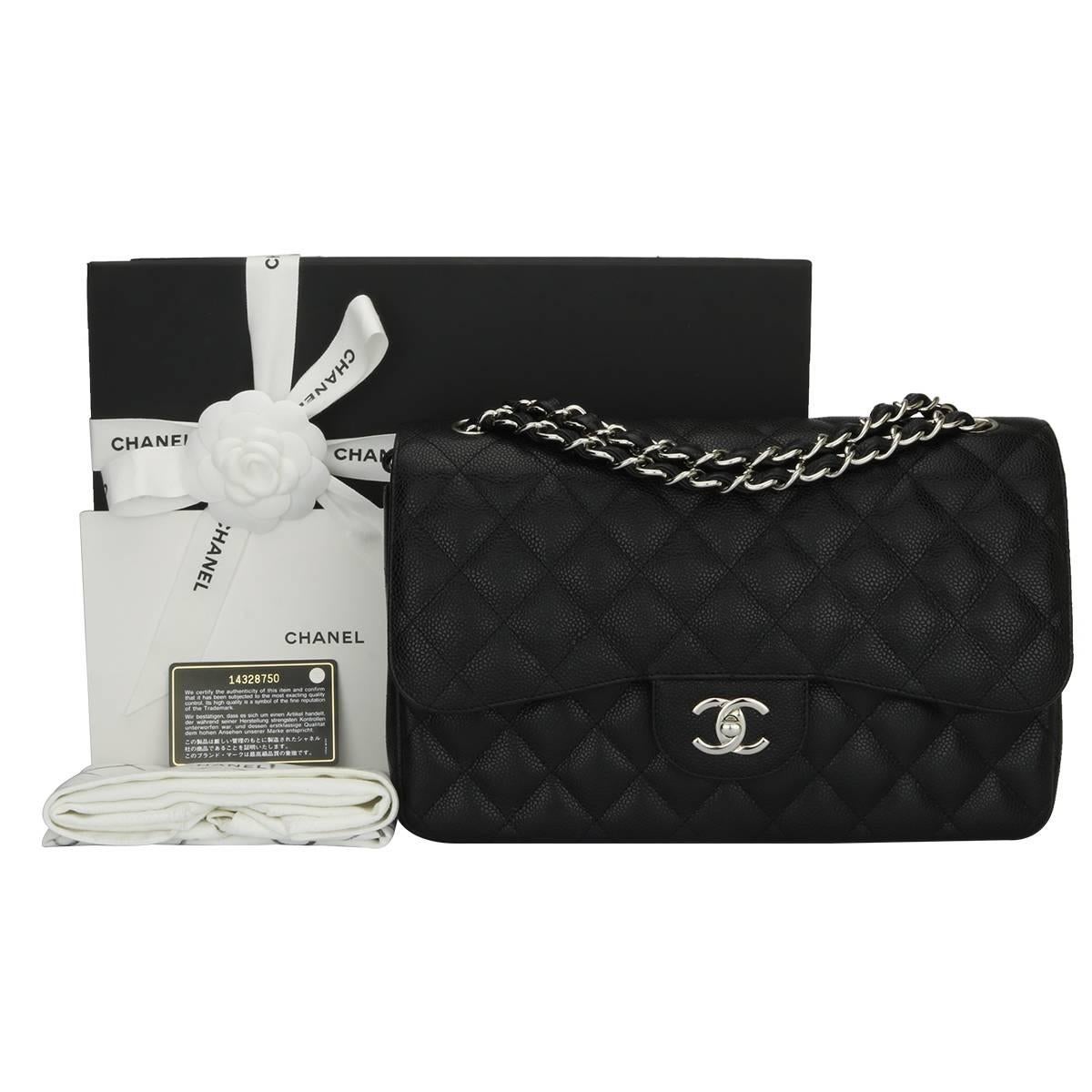 Authentic CHANEL Classic Jumbo Double Flap Black Caviar with Silver Hardware 2010.

This stunning bag is in a mint condition, the bag still holds its original shape, and the hardware is still very shiny.

Exterior Condition: Mint condition, corners