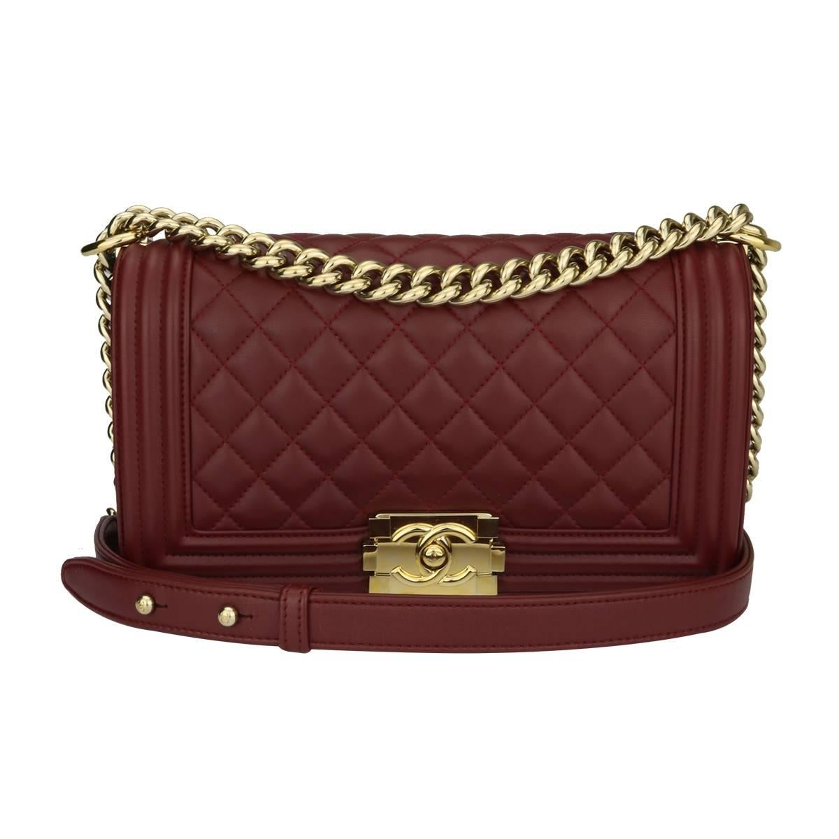 CHANEL Old Medium Quilted Boy Burgundy Lambskin with Shiny Gold Hardware 2015