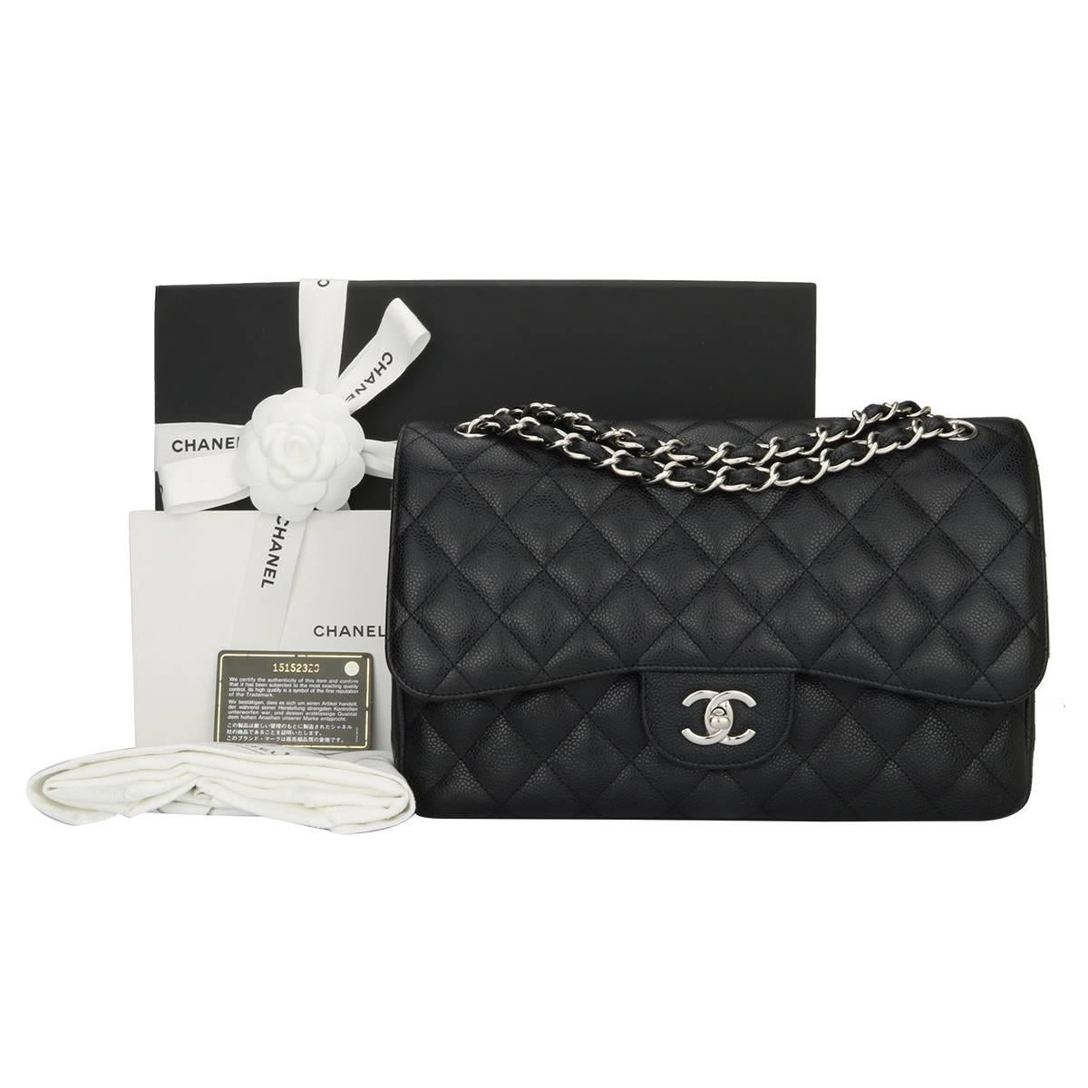 Authentic CHANEL Classic Jumbo Double Flap Black Caviar with Silver Hardware 2014.

This stunning bag is in an excellent condition, the bag still holds its original shape, and the hardware is still very shiny.

Exterior Condition: Excellent