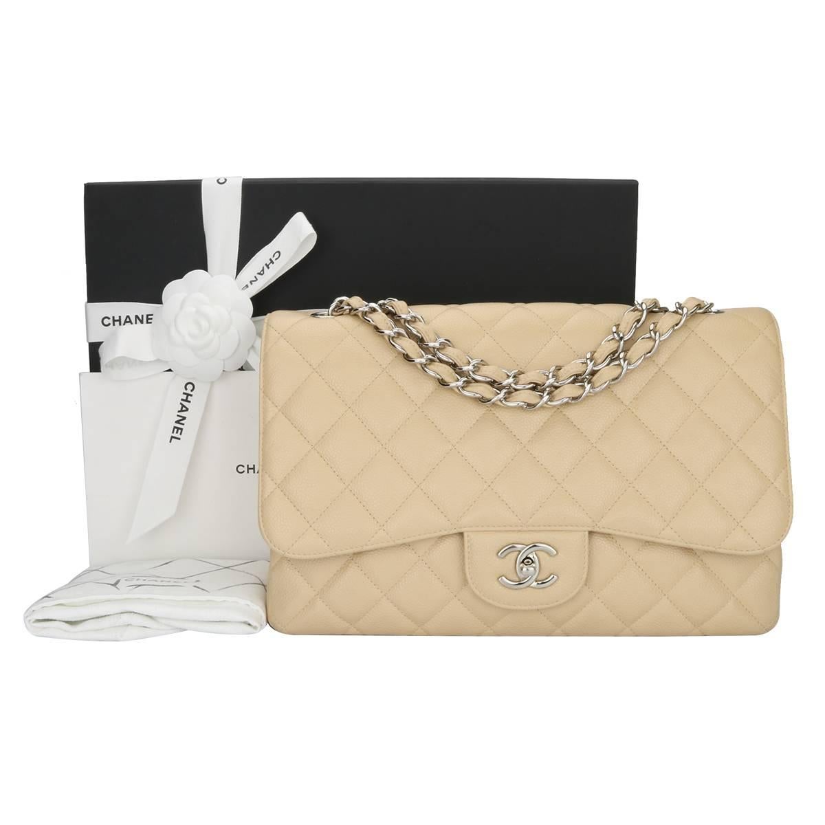 Authentic CHANEL Classic Single Flap Jumbo Beige Clair Caviar with Silver Hardware 2009.

This stunning bag is in mint condition, the bag still holds the original shape and the hardware is still very shiny.

Exterior Condition: Mint condition, tiny