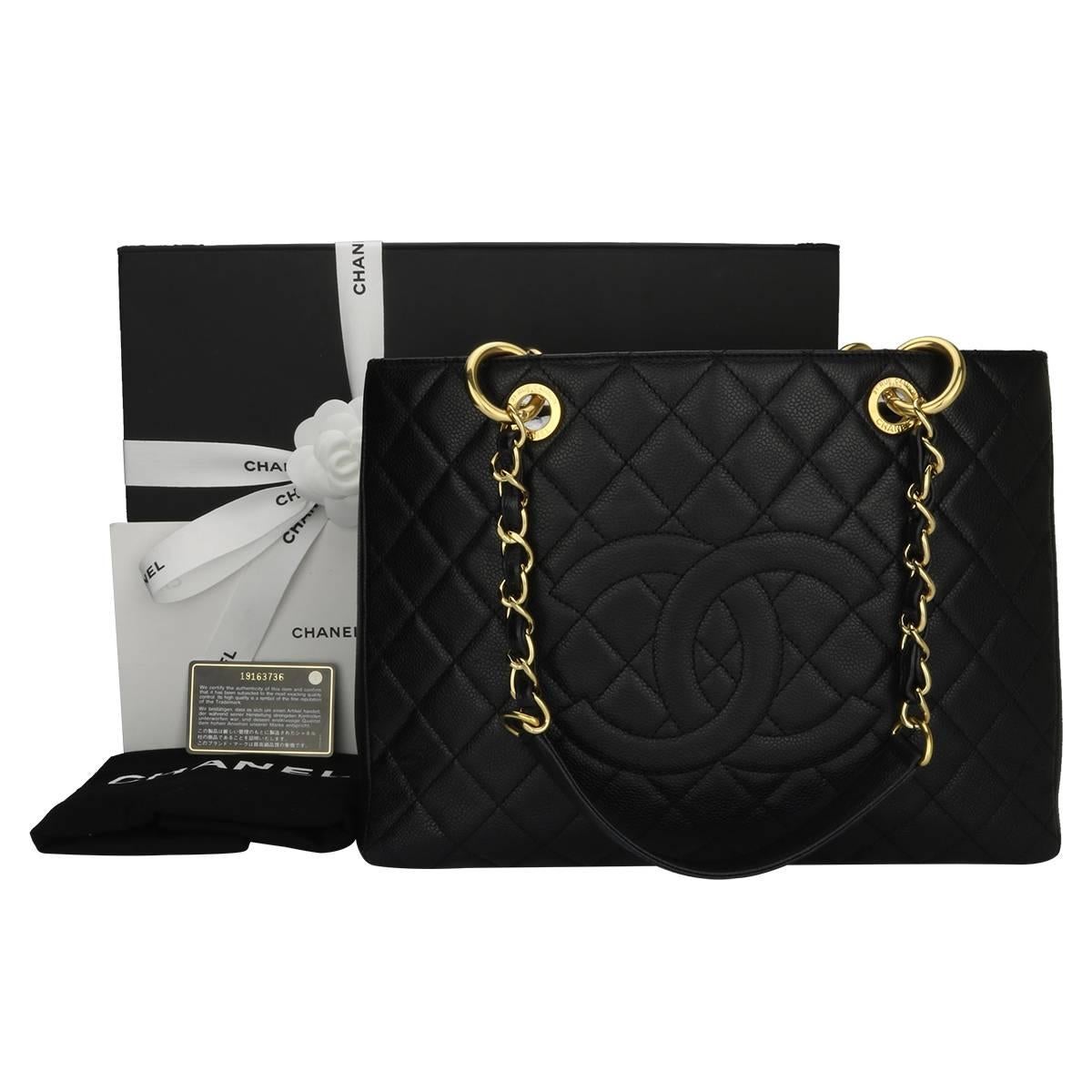Authentic CHANEL Grand Shopping Tote (GST) Black Caviar with Gold Hardware 2014.

This stunning bag is in a mint condition, the bag still holds its original shape, and the hardware is still very shiny.

Exterior Condition: Mint condition, corners