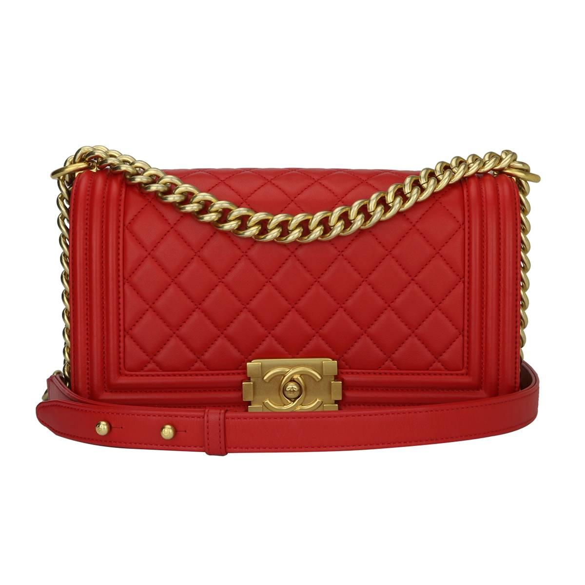 CHANEL Old Medium Quilted Boy Red Lambskin with Brushed Gold Hardware 2017