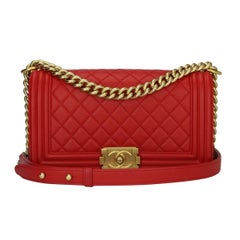 CHANEL Old Medium Quilted Boy Red Lambskin with Brushed Gold Hardware 2017