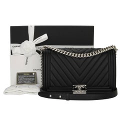 Chanel Medium Chevron Black Calfskin Boy Bag with Shiny Silver Hardware, 2016