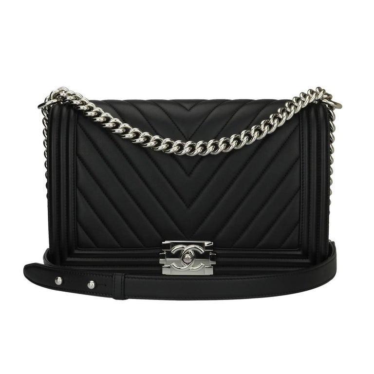 Chanel Medium Chevron Black Calfskin Boy Bag with Shiny Silver Hardware, 2016 at 1stDibs