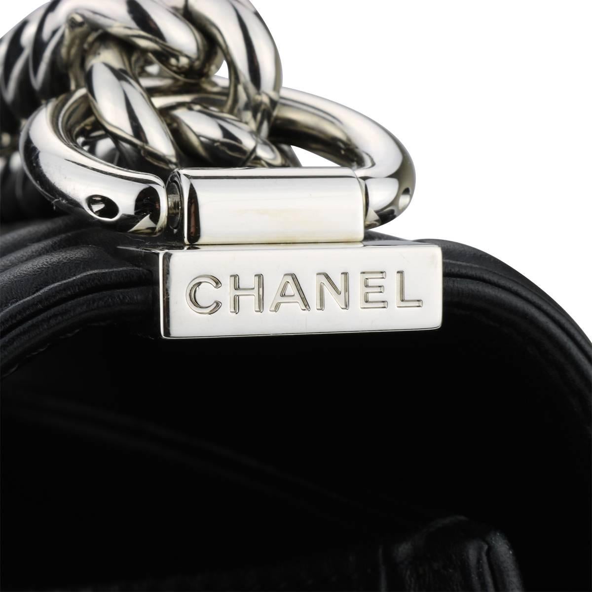 Chanel Medium Chevron Black Calfskin Boy Bag with Shiny Silver Hardware, 2016 In Excellent Condition In Huddersfield, GB