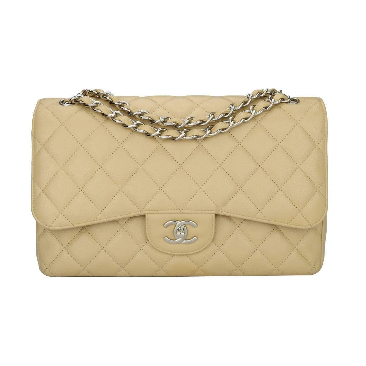 CHANEL Classic Double Flap Jumbo Beige Clair Caviar with Silver Hardware  2013 at 1stDibs