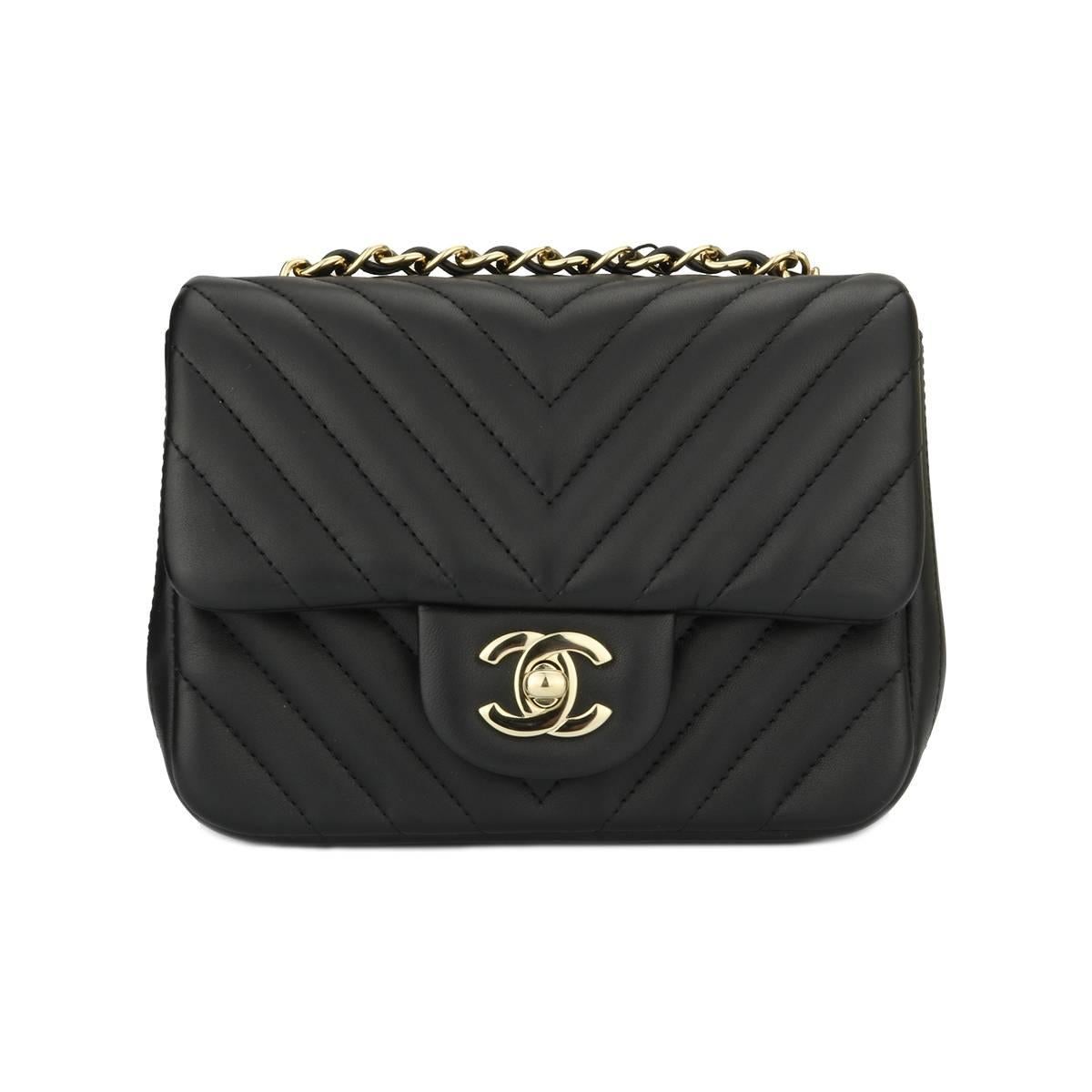 CHANEL Classic Square Mini Chevron Black Lambskin with Light Gold Hardware 2017