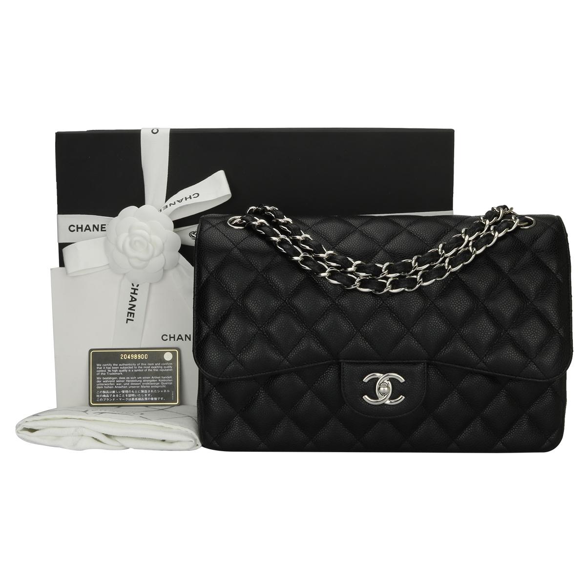 Authentic CHANEL Classic Jumbo Double Flap Black Caviar with Silver Hardware 2015.

This stunning bag is in a mint condition, the bag still holds its original shape, and the hardware is still very shiny.

Exterior Condition: Mint condition, corners