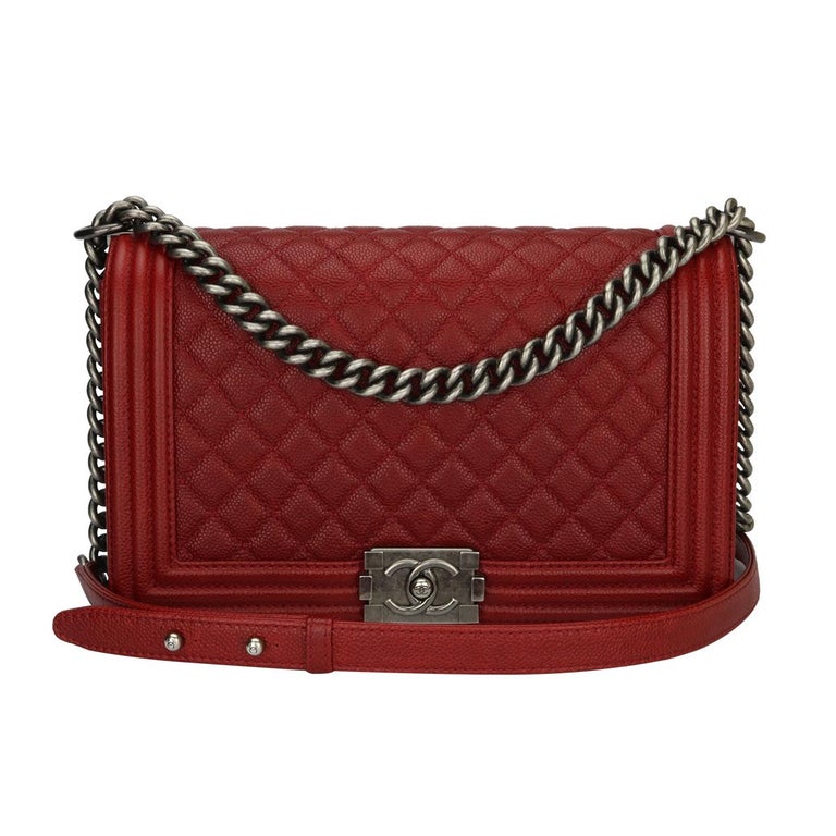 Chanel Medium Rich Red Caviar Quilted Boy Bag with Ruthenium Hardware