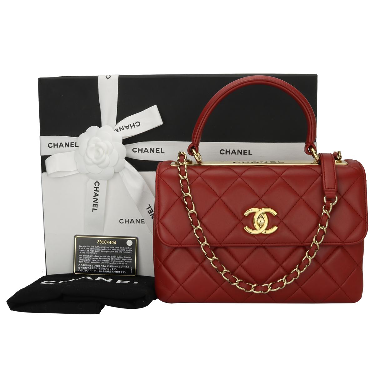 Authentic CHANEL Trendy CC Small Red Lambskin with Gold Hardware 2017.

This stunning bag is in a mint condition, the bag still holds its original shape, and the hardware is still very shiny.

Exterior Condition: Mint condition, corners show no