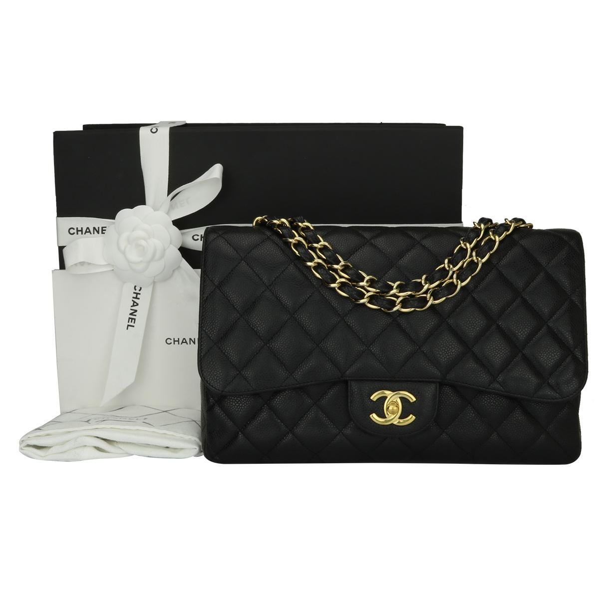 Authentic CHANEL Classic Single Flap Jumbo Black Caviar with Gold Hardware 2009.

This stunning bag is in a great condition, the bag still holds its shape very well and the hardware is still very shiny.

Exterior Condition: Excellent condition,