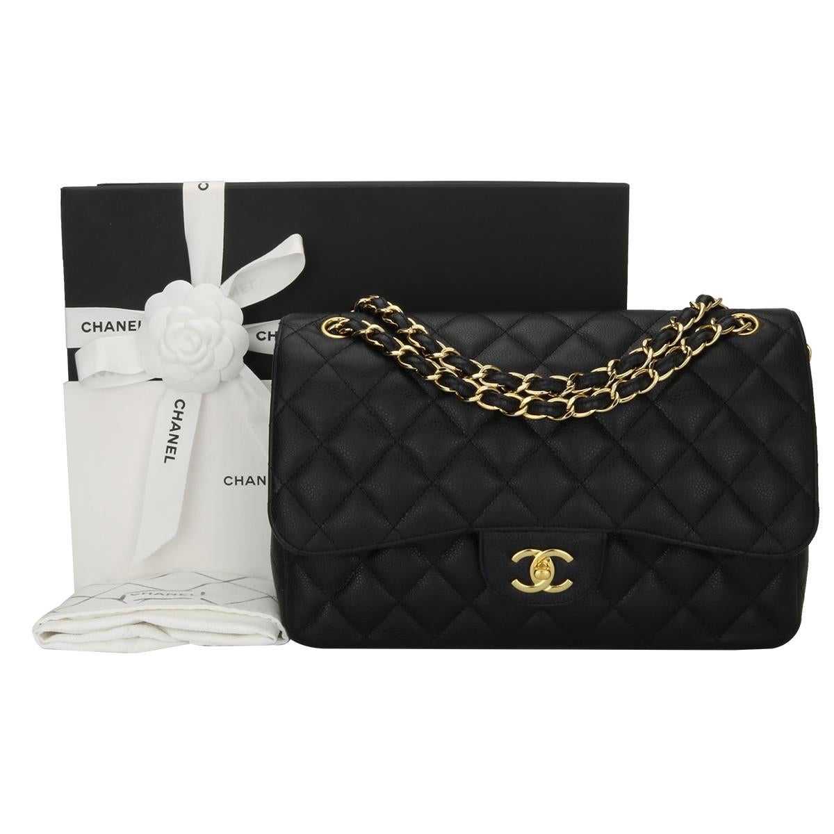 Authentic CHANEL Classic Jumbo Double Flap Black Caviar with Gold Hardware 2014.

This stunning bag is in an excellent condition, the bag still holds its shape very well, and the hardware is still very shiny.

Exterior Condition: Great condition,