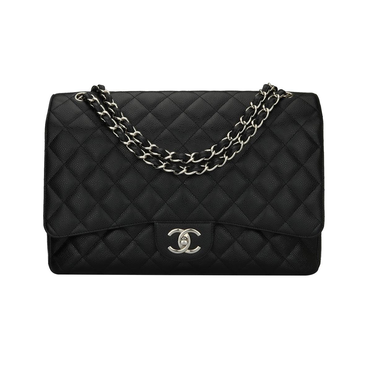 CHANEL Black Caviar Maxi Double Flap with Silver Hardware 2012