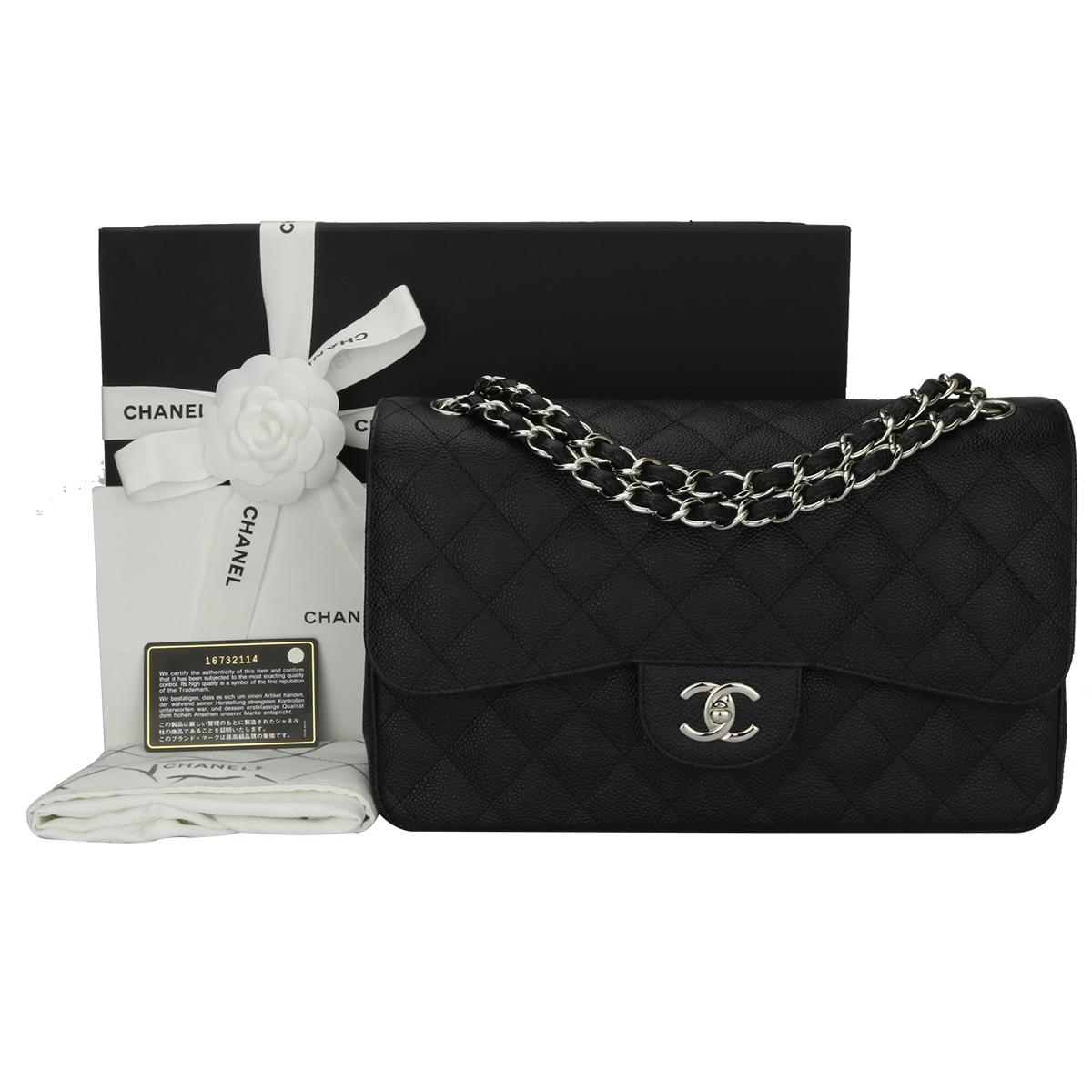 Authentic CHANEL Classic Jumbo Double Flap Black Caviar with Silver Hardware 2012.

This stunning bag is in a mint condition, the bag still holds its original shape, and the hardware is still very shiny.

Exterior Condition: Mint condition, corners