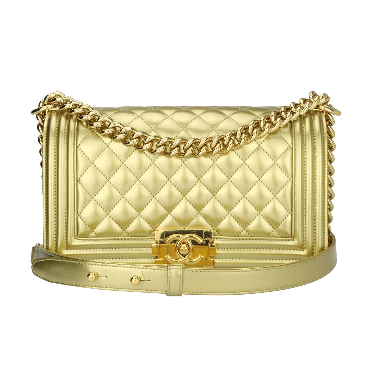 Chanel Old Medium Quilted Gold Patent Boy Bag with Shiny Gold Hardware, 2014
