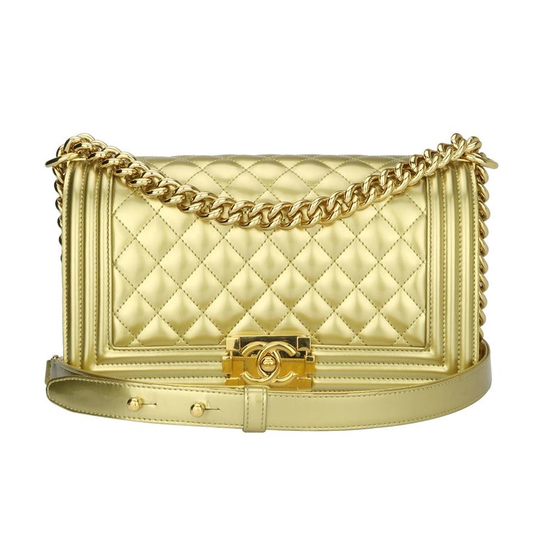 Chanel Old Medium Quilted Gold Patent Boy Bag with Shiny Gold Hardware