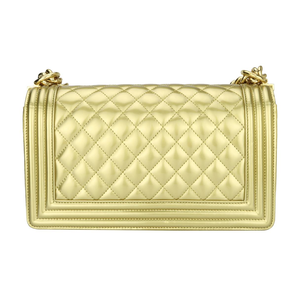 Chanel Old Medium Quilted Gold Patent Boy Bag with Shiny Gold Hardware, 2014 In Excellent Condition In Huddersfield, GB