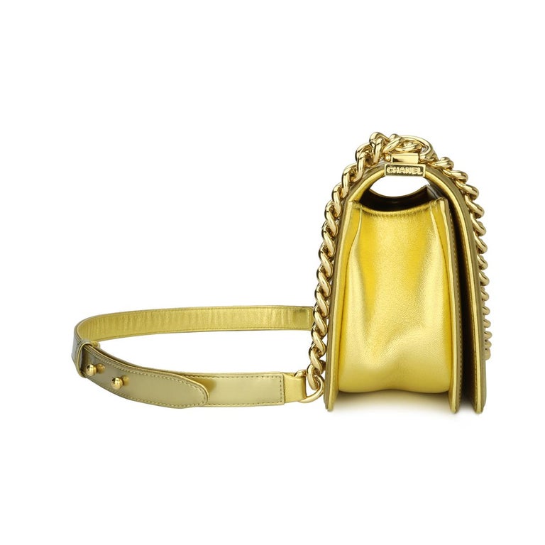 Chanel Old Medium Quilted Gold Patent Boy Bag with Shiny Gold Hardware