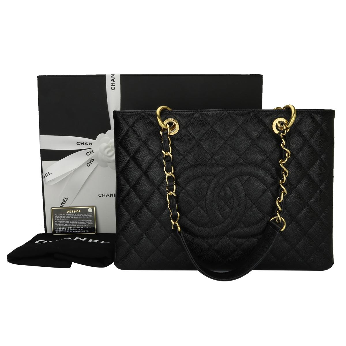Authentic CHANEL Grand Shopping Tote (GST) Black Caviar with Gold Hardware 2012.

This bag is in a mint condition, the bag still holds its shape well, and the hardware is very shiny.

Exterior Condition: Excellent condition, corners show no visible