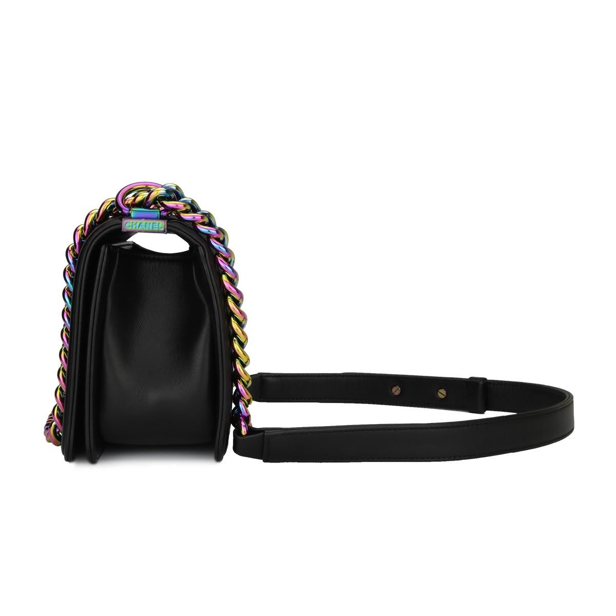 Women's or Men's Chanel Small LED Boy Black Lambskin Bag with Rainbow Hardware, 2017